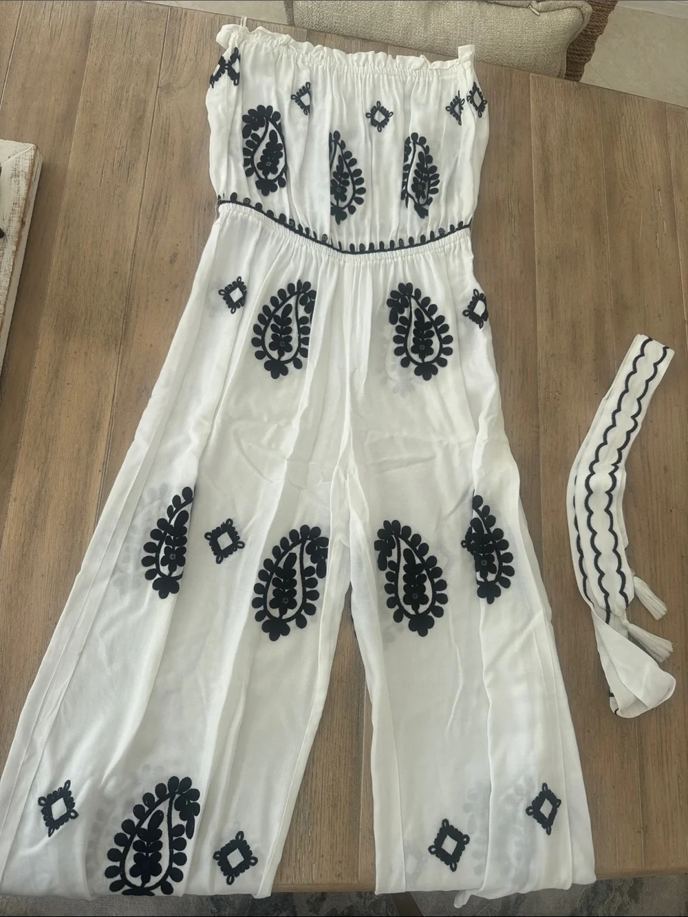 Elan White Strapless Jumpsuit with Black Embroidered Motifs